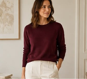 Pull Cachemire Unisexe Col Rond Femme Bordeaux